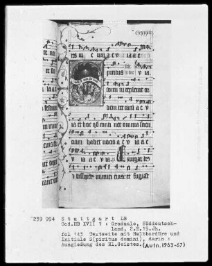 Graduale — Initiale S(piritus domini), darin Ausgießung des Heiligen Geistes, und Teilbordüre, Folio 143recto