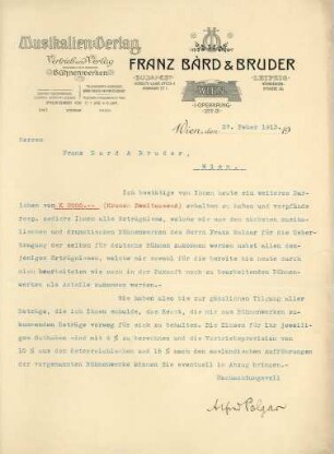 Korrespondenz von Alfred Polgar an Musikalienverlag Franz Bàrd & Bruder