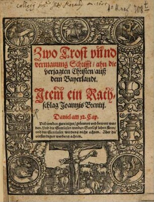 Zwo Trost vnnd vermanung Schrifft, ahn die verjagten Christen, auß dem Bayerlandt