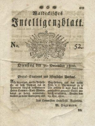 No. 52, Dienstag den 30. December 1800