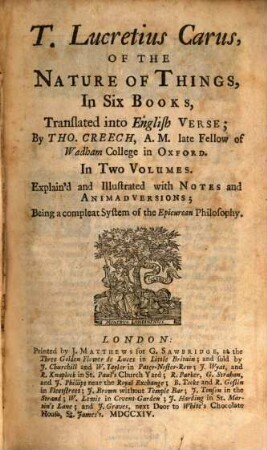 T. Lucretius Carus, Of The Nature Of Things : In Six Books, 1