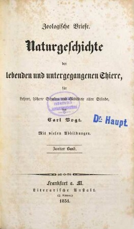 Zoologische Briefe : Naturgeschichte der lebenden und untergegangenen Thiere, für Lehrer, höhere Schulen und Gebildete aller Stände, 2