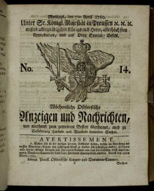 No. 14. Montags, den 7ten April 1760.