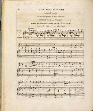 Premier recueil de Romances Avec accompagnement de Piano ou Harpe. No. 6, Le vin, l'amour et la folie