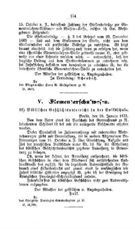 Biblischer Geschichtsunterricht in den Volksschulen : [V. Elementarschulwesen]
