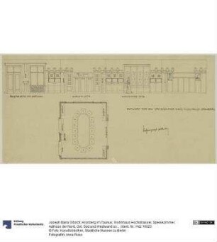 Kronberg im Taunus, Wohnhaus Hochstrasser, Speisezimmer, Aufrisse der Nord, Ost, Süd und Westwand sowie Grundriss mit Möblierungsplan