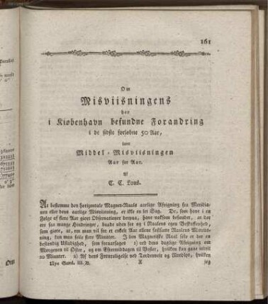 Om Misviisningens her i Kiobenhavn befundne Forandring i de fidste forlobne 50 Aar, samt Middel-Misviisningen Aar for Aar.