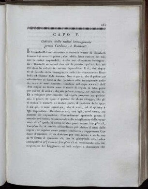Capo V. Calcolo delle radici immaginarie presso Cardano, e Bombelli.