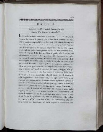 Capo V. Calcolo delle radici immaginarie presso Cardano, e Bombelli.