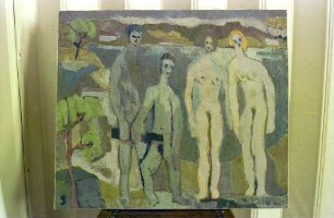 Gemälde, Juan Tidow, vier nackte Gestalten am Strand