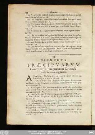 III. Elenchus Praecipuarum Controversiarum quae inter Orthodoxos & Socinanos agitantur.