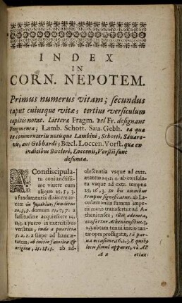 Index In Corn. Nepotem. Primus numerus vitam; secundus caput cuiusque vitæ; tertius versiculum capitis notat. ... A
