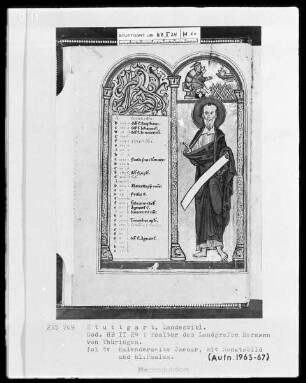 Psalterium (sogenannter Landgrafenpsalter) — Kalendar, Folio 1verso-7recto — Buchseite Januar mit Apostel Paulus und Monatsbild, Folio 1verso