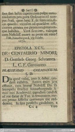 Epistola XCV. De Centaurio Minori. D. Gottlieb Georg Schramm L. C. F. Garmanno Fraustadio Chemnitium