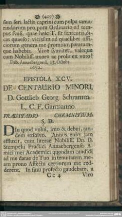 Epistola XCV. De Centaurio Minori. D. Gottlieb Georg Schramm L. C. F. Garmanno Fraustadio Chemnitium