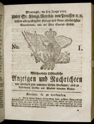 No. 1. Montags, den 6ten Januar 1777.
