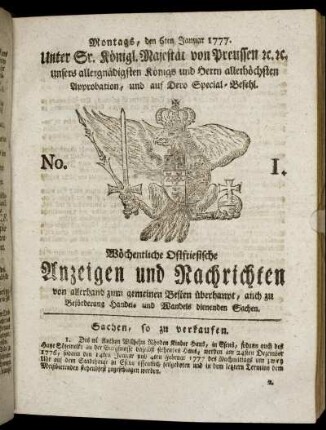 No. 1. Montags, den 6ten Januar 1777.