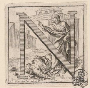 Initiale N (Totenerweckung durch den heiligen Petrus), aus: Clementis Undecimi Pont. Max. Bullarium, 2 Bde., Rom 1723