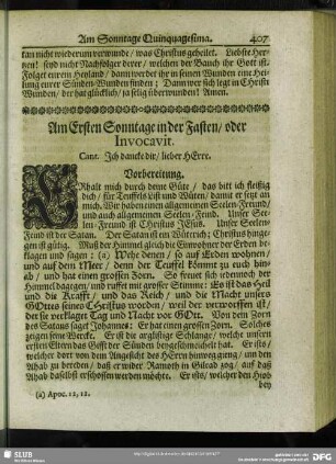 Am Ersten Sonntage in der Fasten, oder Invocavit