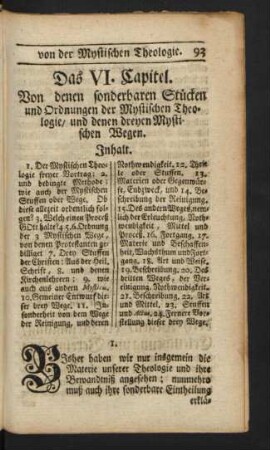 Das VI. Capitel. Von denen sonderbaren Stücken und Ordnungen der Mystischen Theologie, und denen dreyen Mystischen Wegen.