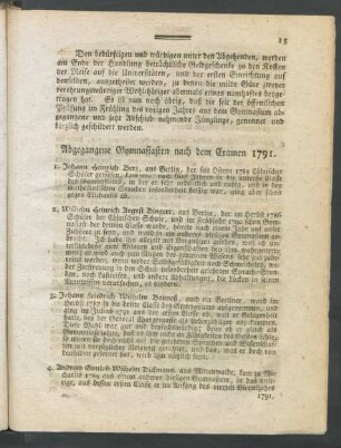 Abgegangene Gymnasiasten nach dem Examen 1791