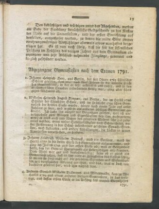 Abgegangene Gymnasiasten nach dem Examen 1791