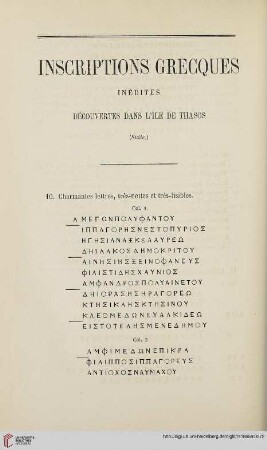 N.S. 12.1865: Inscriptions grecques inédites ,[2] : découvertes dans l'ile de Thasos