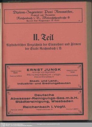 II.Teil. Einwohnerverzeichnis : II.Teil. Alphabetisches Verzeichnis der Einwohner und Firmen der Stadt Reichenbach i. V.