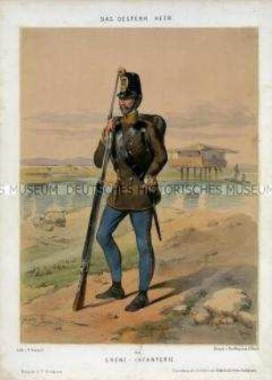 Uniformdarstellung, Gemeiner der Grenz-Infanterie, Österreich, 1848/1854. Tafel 151 aus: Gerasch: Das Oesterreichische Heer.