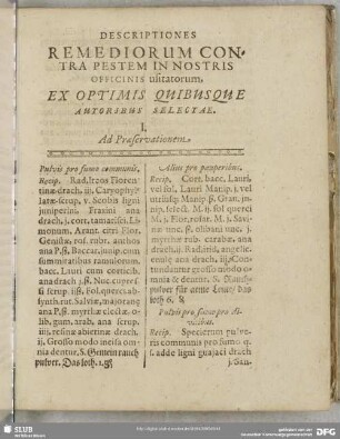 Descriptiones Remediorum Contra Pestem In Nostris Officinis usitatorum, Ex Optimis Quibusque Autoribus Selectae