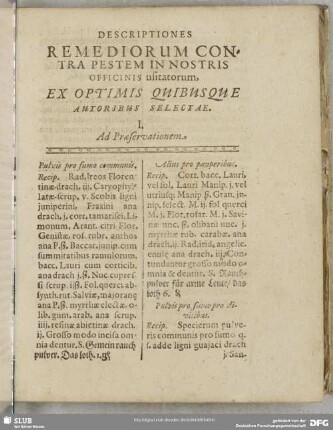 Descriptiones Remediorum Contra Pestem In Nostris Officinis usitatorum, Ex Optimis Quibusque Autoribus Selectae