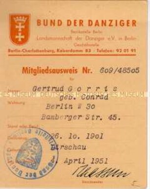 Mitgliedsausweis des Bundes der Danziger
