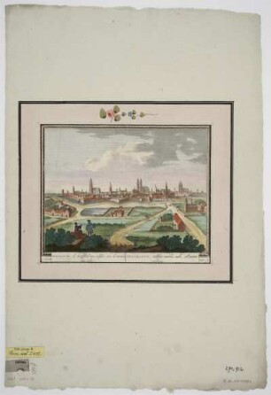 Ansicht von Breslau, Kupferstich, um 1702 : Breslauw, de hooftstad van silesie, aen de Rivier den Oder : C.P. = Vratislavia, Silesiae nobilis urbs, ad amnem Viadrum / Pet. Schenk. - Amst[elodami] , [1702]. - 1 Ansicht : col. Kupferst. ; Plattengr. 27 x 22 cm. Auch enth. in: Petri Schenkii Hecatompolis sive totius orbis terrarum oppida nobiliora centum. - Auch uncol. ersch.