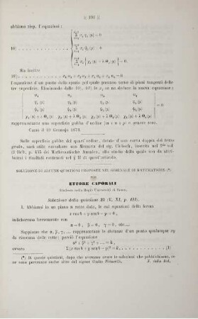 Soluzione di alcune quistioni proposte nel Giornale die Matematiche.