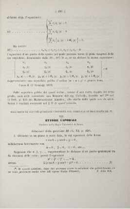 Soluzione di alcune quistioni proposte nel Giornale die Matematiche.