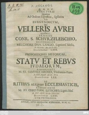 Stricturae Quaedam Ad Ordines Equestres, sigillatim Ad Burgundicum, Qui Velleris Aurei appellatur
