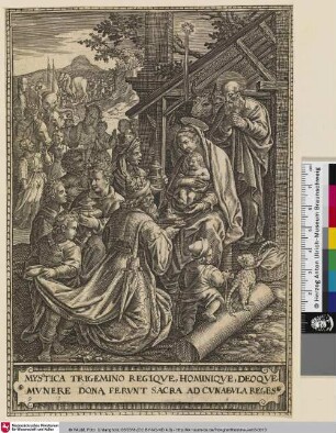 Mystica trigemino regique, mominique, deoque munere dona ferunt sacra ad cunabula reges; [Die heiligen drei Könige überbringen ihre Gaben]