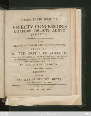 Exercitatio Ivridica De Effectv Confessionis Corpore Delicti Adhvc Incerto
