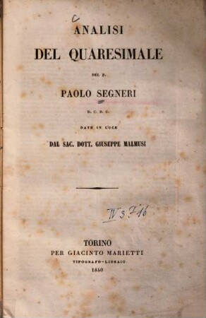 Analisi del quaresimale del p. Paolo Segneri