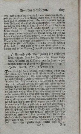 Unpartheyische Beurtheilung der prüfenden Anmerkungen über die Operationen Herrn Gaßners, Pfarrers zu Klösterle, und der dagegen herausgekommenen Schrift die Sympathie etc.