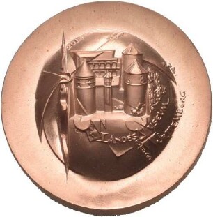 Medaille von Victor Huster auf 150 Jahre Landesmuseum Württemberg (dicker Probeabschlag vom kleinen Stempel)
