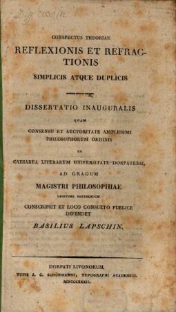 Conspectus theoriae reflexionis et refractionis simplicis atque duplicis : Diss. inaug.