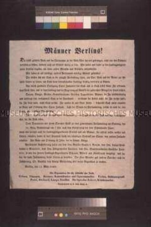 Maueranschlag: Männer Berlins! Aufforderung der Deputation für die Abhilfe der Not zu einer Volksversammlung am 26. März vor dem Schönhauser Tor; Berlin, 23. März 1848