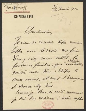 Brief an B. Schott's Söhne : 20.01.1910