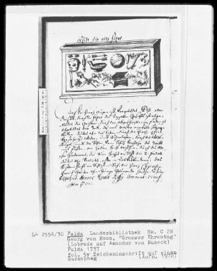 Georg Friedrich Heß, Großer Ehrentag, Lobrede auf Amadeus von Buseck — Zeicheninschrift auf einem Sarkophag, Folio 5 verso
