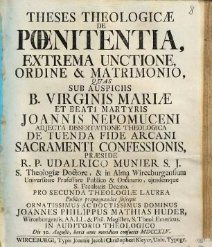 Theses Theologicae De Poenitentia, Extrema Unctione, Ordine & Matrimonio