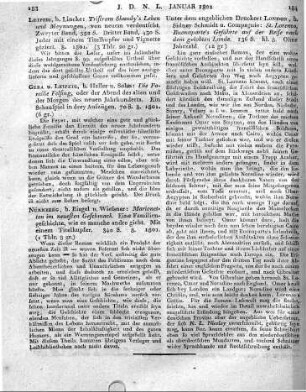 Leipzig, b. Lincke: Tristram Shandy's Leben und Meynungen, von neuem verdeutscht. Zweyter Band, 552 S. Dritter Band, 430 S. Jeder mit einem Titelkupfer und Vignette geziert. 8. 1801.