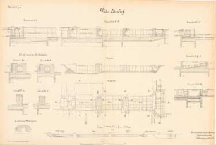 Kanalisierung der Oder Schleuse, Oderhof: Wehr, Pfeiler: Ansicht, Grundriss, Schnitte 1:250, 1:100