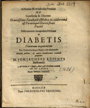 Dissertationem Inauguralem Medicam In Diabetis Naturam inquirentem