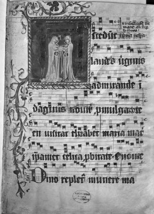 Antiphonar, vermutlich aus einem Zisterzienserkloster — Initiale A mit der Heimsuchung (wahrscheinlich später eingeheftetes Blatt), Folio 1recto